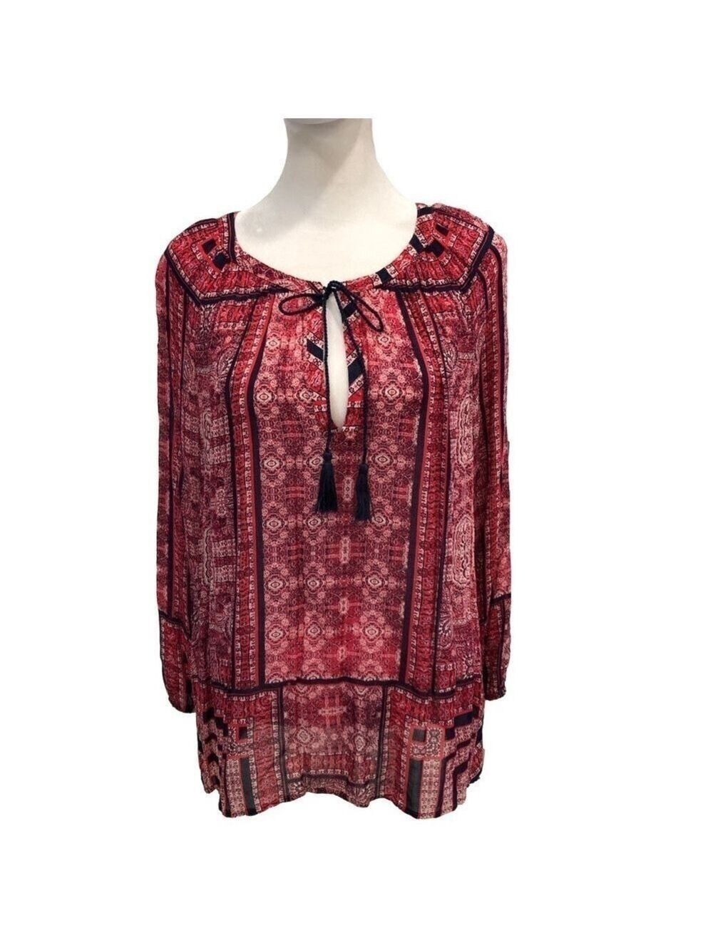 Lucky Brand Size M long sleeve top  bandana like print v neck ties tassels